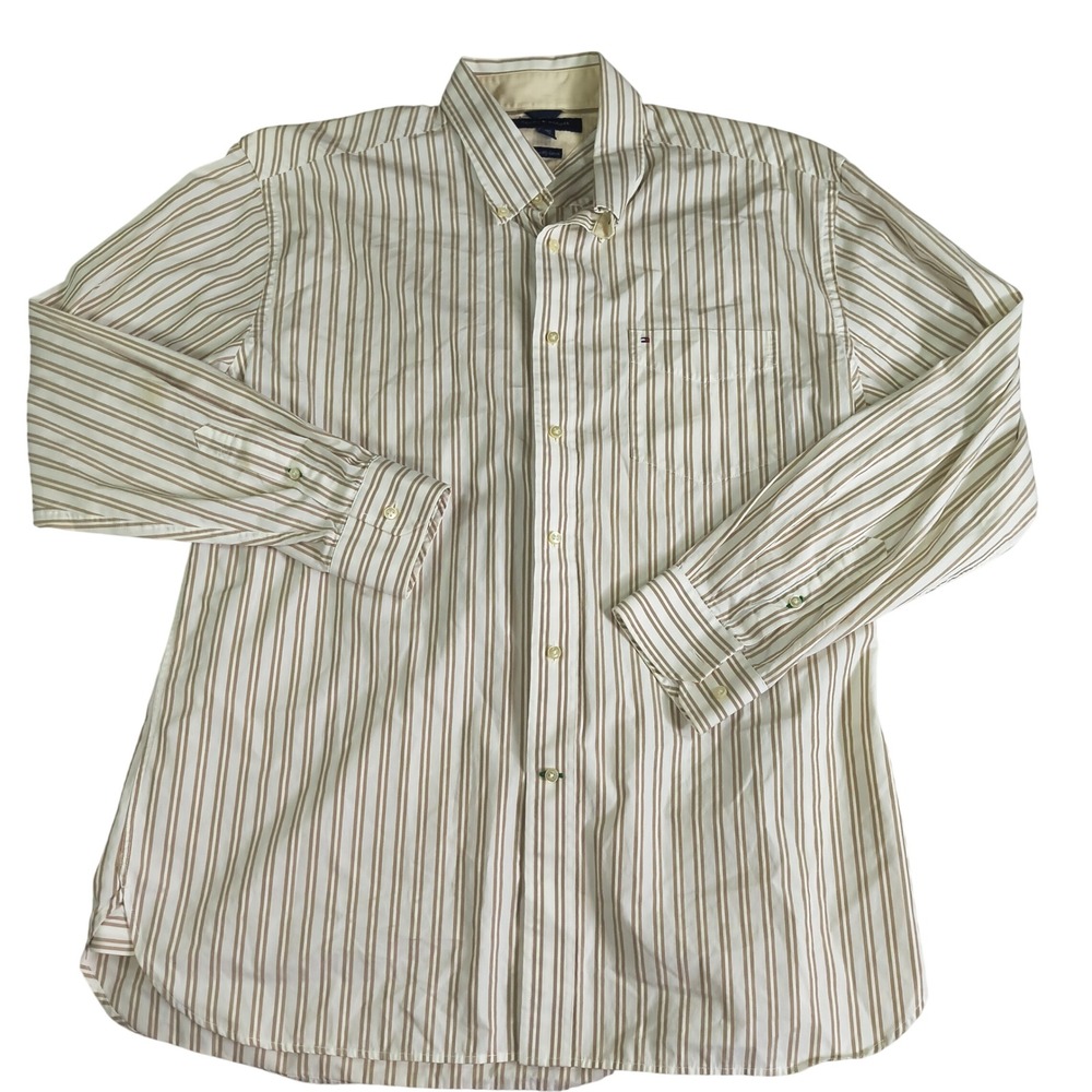 Tommy Hilfiger Mens XL Tan‎ Stripe Button Down Shirt 80s Two Ply Cotton